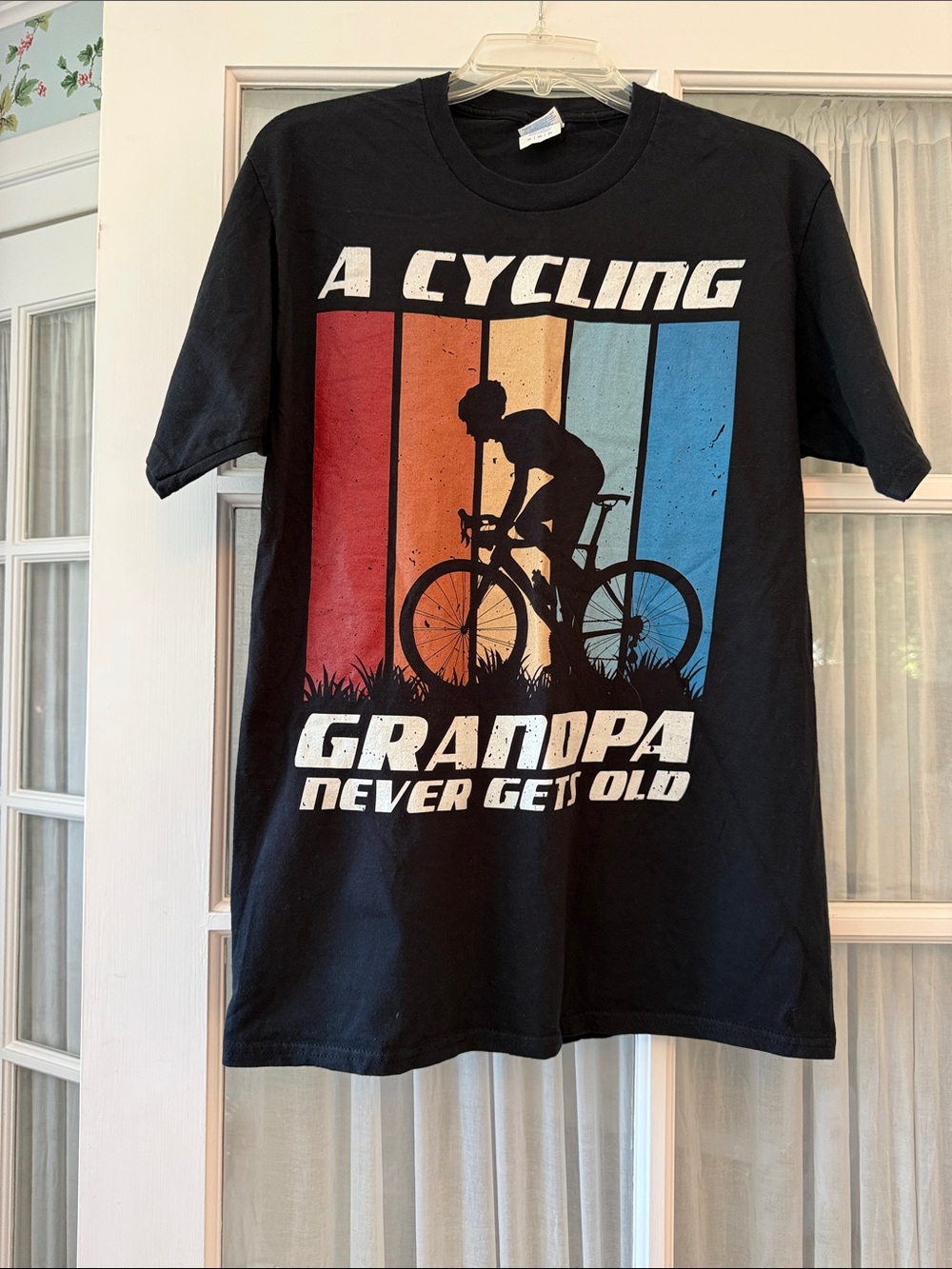 Port and Company Black T-Shirt with Red Orange Yellow Blue Cycling Graphic